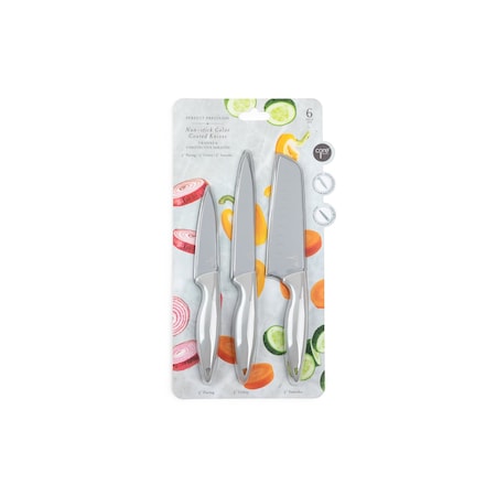 Core Kitchen 6pc Perfect Precision Colored Knife w/ Sheath Set - 3in Paring/ 5in Utility/ 5in Santoku - Pewter 32847